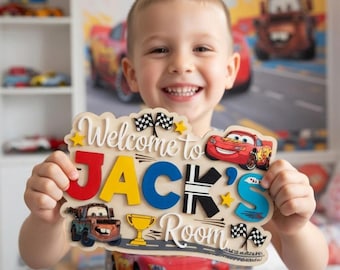 Personalized Cars Movie Wooden Name Sign, Lightning McQueen Mater Room Decor, 3D Nursery Wall Art, Custom Pixar Door Hanger