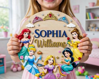 Kundenspezifisches Disneyland Prinzessinnen-Namensschild für Mädchen-Raum-Dekor, personalisierte hölzerne Kinderzimmer-Wandkunst, Karikatur-rundes hölzernes Zeichen, Babypartygeschenk