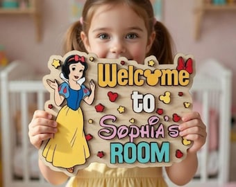 Letrero personalizado para la habitación infantil de la Princesa Blancanieves, colgador de puerta de madera "Bienvenido a mi habitación", decoración para la habitación de una niña de Disneyland Princesa