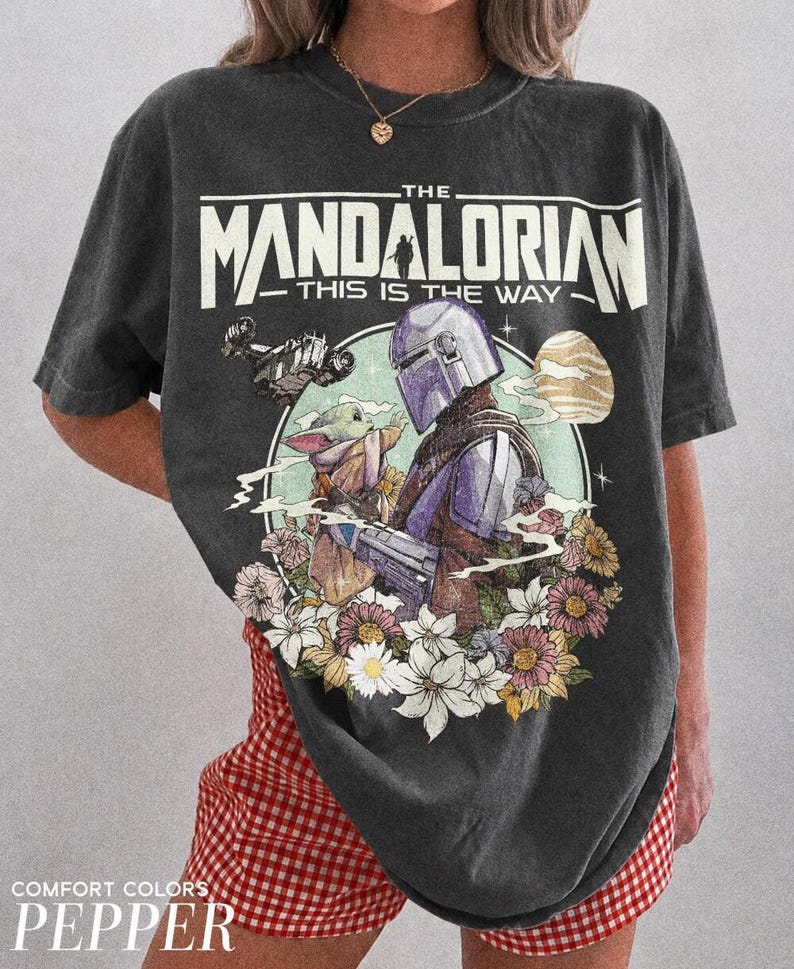 Retro Mandalorian and Grogu Shirt, Star Wars Mando Shirt, Baby Yoda Shirt, This Is The Way Tee, Magic Kingdom Shirt, Disney Family Trip Tee image 1