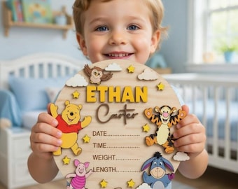 Letrero de anuncio de nacimiento de Winnie the Pooh, tablero de madera para recién nacidos, decoración personalizada para la habitación del bebé con Pooh, Tigger, Piglet e Igor, regalo de Disneyland para bebés