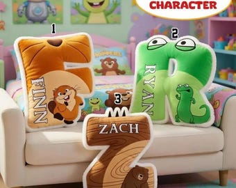 Personalized Hoppers Letter Pillow, Custom Tom Lizard Mabel Cartoon Animal Initial Pillow Plush Name Cushion Nursery Decor Birthday Gift
