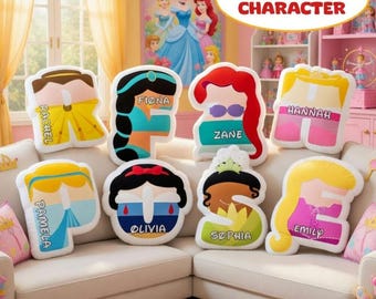Custom Princess Alphabet Pillow, Personalized Name Letter Cushion, Disneylandland Princess Initial Pillow, Girls Room Decor Gift Cute Plush