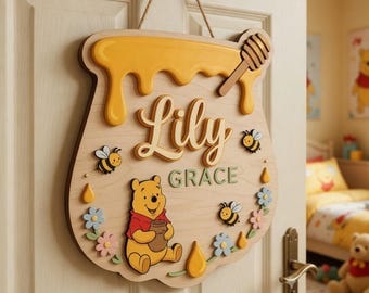 Pooh Bear Name Sign, Disney Nursery Room Decor, Custom Girl Room, Wooden Door Hanger, Honey Pot Decor, Wood Sign, Wall Art
