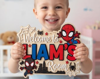 Letrero de Spider-Man para habitación infantil, decoración de pared de madera 3D personalizada, colgador de puerta de Spidey y sus amigos, arte personalizado para habitación de superhéroes, regalo de cumpleaños para niño