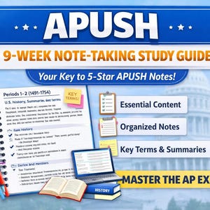 Puede incluir: Imagen de una guía de estudio APUSH de 9 semanas para tomar notas. La imagen incluye un cuaderno, bolígrafos, un portátil y un libro. La guía destaca el contenido esencial, las notas organizadas y los términos clave.