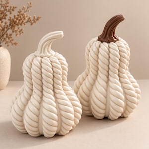 May include: Two decorative pumpkin-shaped ornaments featuring a textured, rope-like exterior in a creamy off-white colour. One pumpkin has a matching off-white stem, while the other features a contrasting dark brown stem, both with vertical ridges.
