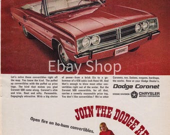 Vintage Dodge Coronet 500 Convertible Print Ad 426 Hemi Mopar Muscle Car Wall Art
