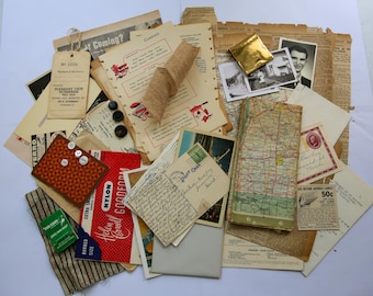50pc Vintage Ephemera Bundle - Junk Journal or Scrapbook Kit - Antique Paper Pack With Matchbooks, Fabric Scraps