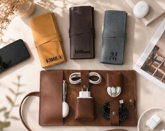 Soporte para cargador de cuero hecho a mano, organizador de cables personalizado, regalo para papá, esposo, novio, soporte de viaje para iPods, estuche para herramientas de computadora
