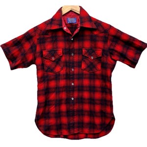 Pendleton Mens Red Black Plaid Wool Western Short Sleeve Pearl Snap Shirt Size M