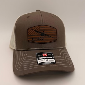 AC-130J Ghostrider Hat, Laser Engraved Leather Patch Cap, AFSOC Gunship Military Aviation Gift, Air Force Aircrew Veteran Trucker Hat