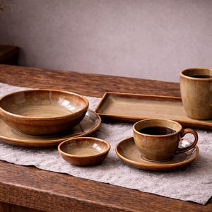 Set di stoviglie in ceramica rustica fatta a mano, piatti smaltati marroni, ciotole e tazze, stoviglie moderne da fattoria