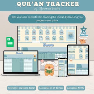 May include: Digital Qur'an tracker with a light blue and white color scheme, displayed on a laptop, desktop, tablet, and phone. The design includes the text "QUR'AN TRACKER" and "Januari". A cartoon capybara is also featured.
