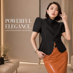 Camicetta da donna con maniche a sbuffo / Top con colletto alto e bottoni a rana / Camicia chic in stile street