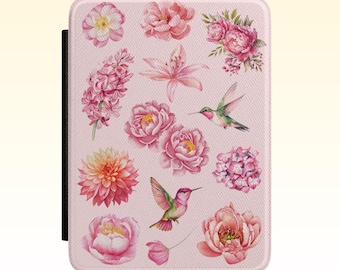 Funda para Kindle Paperwhite con flores de acuarela rosa y colibríes / Funda para Kindle con colibríes, funda floral para Kindle, funda para Kindle Paperwhite