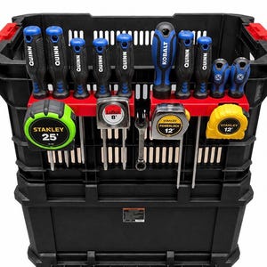 May include: A black plastic storage crate featuring a red tool organizer rack mounted on the front. The rack holds various screwdrivers with blue and black handles, a metal wrench, and four tape measures labeled 25', 8', 12', and 12' respectively.