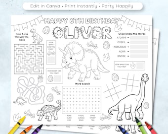 Jogo americano de aniversário com tema de dinossauros, folha de atividades editável para crianças (download digital)