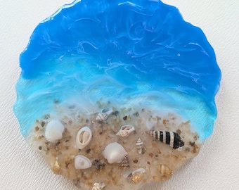 Handmade Ocean Resin Coaster with Real Shells | Beach Themed Drink Coasters
