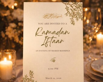 May include: A beige Ramadan Iftaar invitation with gold script and botanical accents. The invitation reads "You are invited to a Ramadan Iftaar" with the time and date of the event. The background is a blurred image of candles and a table setting.