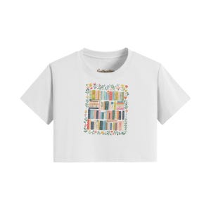 Floral Bookshelf Crop Top, Book Lover Baby Tee, Cottagecore Reading Cropped Shirt, Library Book Stack Gift for Her