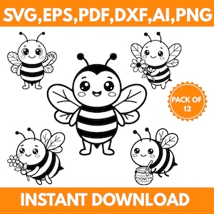 Diseños de líneas de abejas en formato SVG y PNG para Cricut (paquete de 12, descarga digital).