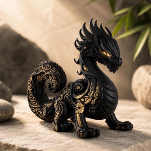 May include: A black dragon figurine featuring intricate gold-colored scrollwork patterns along its body and tail. The creature has a curved neck, a textured back, and glowing gold-colored eyes, standing in a quadrupedal pose with sharp claws.