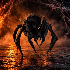 May include: A black spider figurine featuring a geometric, faceted surface design. The spider has eight angular, pointed legs and a segmented body structure, presented in a dark, textured finish that highlights its sharp, angular edges.