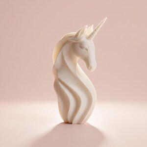 May include: A cream-colored unicorn figurine with a spiraling body and a detailed horn. The sculpture has a flowing mane and is set against a soft pink background, creating a whimsical and elegant aesthetic.