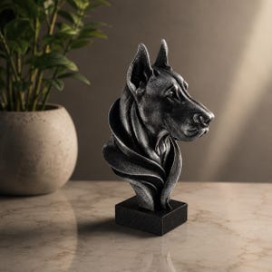 May include: A silver and black Doberman dog bust sculpture featuring a detailed head and neck profile. The statue is mounted on a solid black rectangular base, showcasing a metallic finish with dark shading to highlight the facial features.