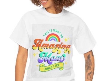 Retro Rainbow Mom Graphic Tee | Vintage Script, Stars, Cotton Shirt
