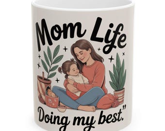 Mom Life Illustration Ceramic Mug | Mother Child Coffee Cup