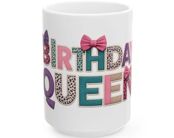 Birthday Queen Mug | Colorful Lettering, Bow Accent