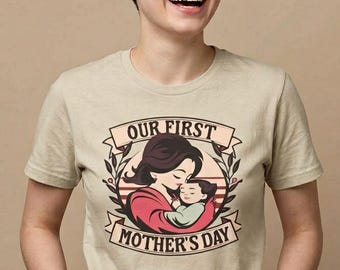 Our First Mother's Day Mom Baby Illustration T-Shirt, Vintage Cotton Tee
