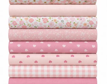 NovusFab 8Pcs 40x50cm Pink Heart Floral Quilting Fabric, Soft Cotton Squares Fat Quarters, Sewing Supplies for Beginners Quilt Batting