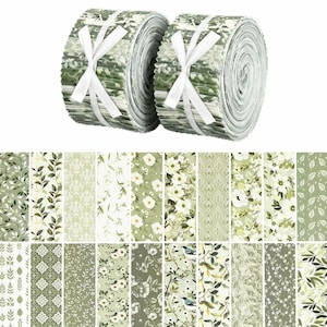 May include: Two rolls of fabric tied with white ribbons, showcasing various green and white floral patterns. Below, a display of fabric strips with diverse botanical designs, including leaves and flowers, in shades of green and white.