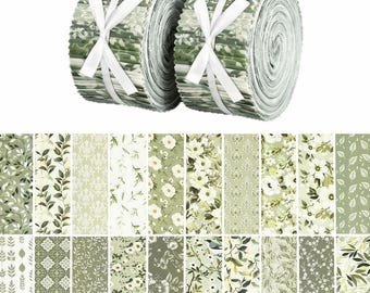 NovusFab 80 tiras de tela Jelly Roll para acolchado y costura - Paquetes de tiras de tela floral precortadas de 6,6 cm con bordes ondulados, color verde hoja