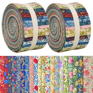 May include: Two rolls of fabric strips, each tightly wound and secured with a cream-colored ribbon. The fabric features a variety of floral and patterned designs in shades of blue, red, green, and cream. A selection of individual fabric strips is displayed below.
