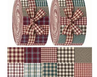 May include: Two rolls of fabric strips tied with a matching gingham ribbon. The fabric features a variety of plaid and checkered patterns in shades of red, dark green, brown, and cream. Below the rolls, ten individual fabric swatches are displayed.