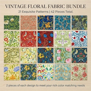 May include: A collection of 42 fabric squares featuring 21 distinct floral and botanical patterns with birds and foliage in various colors. The text VINTAGE FLORAL FABRIC BUNDLE 21 Exquisite Patterns | 42 Pieces Total. 2 pieces of each design is visible.
