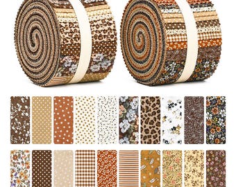 80 Pcs Jelly Roll Fabric Strips for Quilting Sewing - 2.56 Inch Precut 100% Cotton Fabric Bundles with Wavy Edges, Brown Floral
