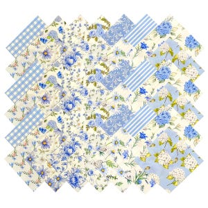 May include: A collection of square fabric swatches arranged in a grid, featuring various patterns including blue and white gingham, blue floral prints, blue and white stripes, and clusters of blue and white hydrangea flowers on a cream background.