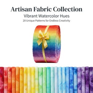 Może przedstawiać: Rolka materiału z tęczowym wzorem akwarelowym, zawiązana złotą wstążką. Obrazek oznaczony jako "Artisan Fabric Collection" i "Vibrant Watercolor Hues". Poniżej rolki znajduje się wiele rolek materiału w różnych kolorach.