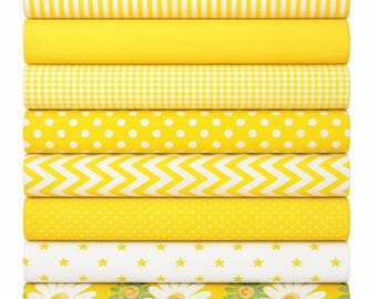 NovusFab 8Pcs 40x50cm Quilting Cotton Fabric Squares, Yellow Polka Dot Gingham Floral Fabric for Sewing, Fat Quarters Bundles DIY Patchwork