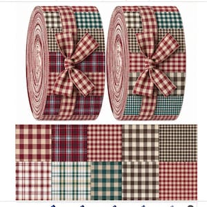May include: Two large rolls of fabric ribbon featuring a patchwork design of various plaid and gingham patterns in shades of red, dark green, brown, and cream. Each roll is tied with a matching plaid ribbon bow at the center.