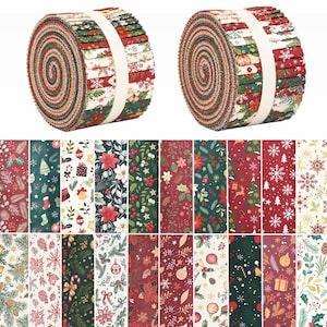 Pode incluir: Dois rolos de tiras de tecido presos com faixas de papel branco, acompanhados por uma grade de vinte amostras de tecido individuais com vários padrões natalinos, incluindo poinsétias, flocos de neve e ramos de pinheiro.