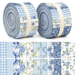 May include: Two fabric jelly rolls featuring a collection of blue and white cotton strips. The patterns include gingham checks, thin stripes, floral prints with roses and daisies, and butterfly motifs, all secured with a white paper band.