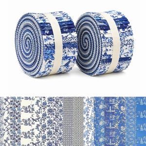 May include: Two rolls of fabric strips secured with white bands, featuring a variety of blue and white patterns including floral motifs, geometric grids, and pagoda landscapes. The fabric strips are displayed both as coiled rolls and flat.