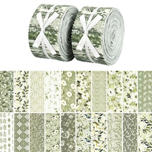 May include: Two rolls of fabric strips tied with white ribbons, displayed above a grid of twenty fabric swatches. The patterns feature various botanical, floral, and geometric designs in shades of sage green, olive, cream, and white.
