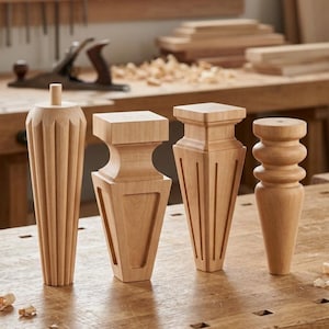 Puede incluir: Cuatro patas de muebles de madera sin terminar en varios diseños, de pie sobre un banco de trabajo de madera. Las patas son de color marrón claro y presentan diferentes formas, incluyendo estilos acanalados y torneados. El fondo muestra un taller con herramientas.
